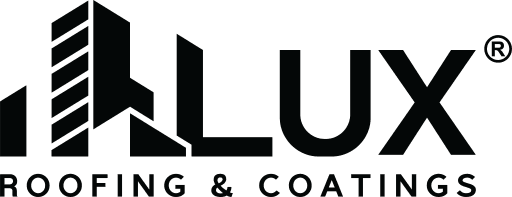 Lux Roofing & Coatings logo, all black with an angled tower design on the left.