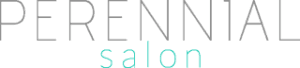 Perennial Salon logo. The word Perennial is on top in black, the word Salon is on the bottom in bright turquoise. All text is extremely thin. It is on a transparent background.